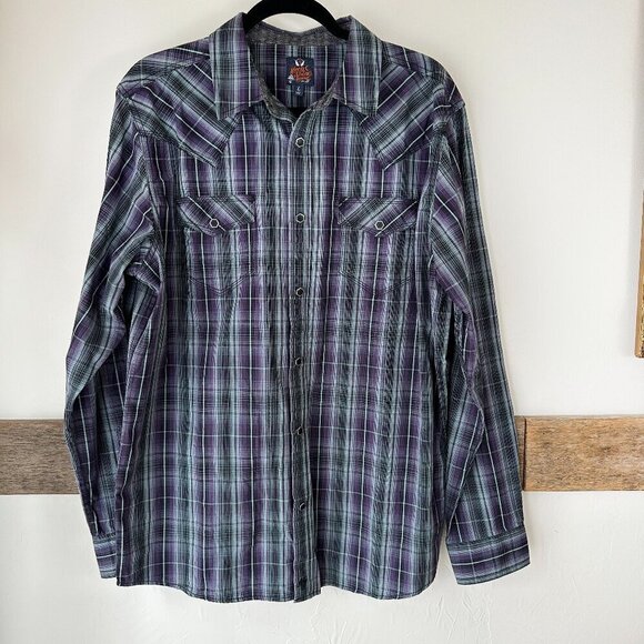 Moon Shine by Brad Paisley Western‎ Shirt  L Purple Blue Plaid Snaps - Picture 1 of 7